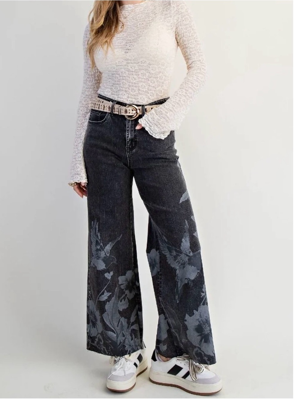 Easel High-Rise Black Wide Leg Stretch Jeans with Gray Floral & Bird Print